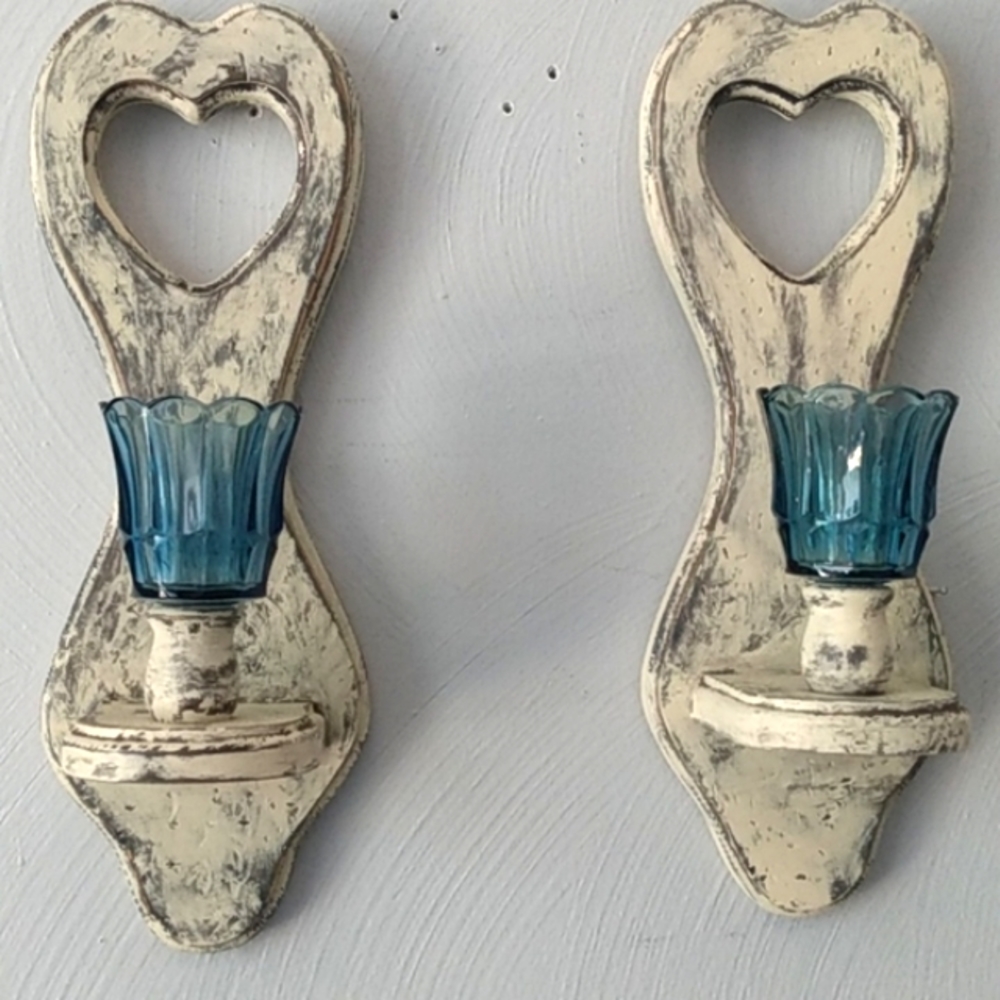 Rustic distressed vintage solid wood Cut out Heart wall candleholders